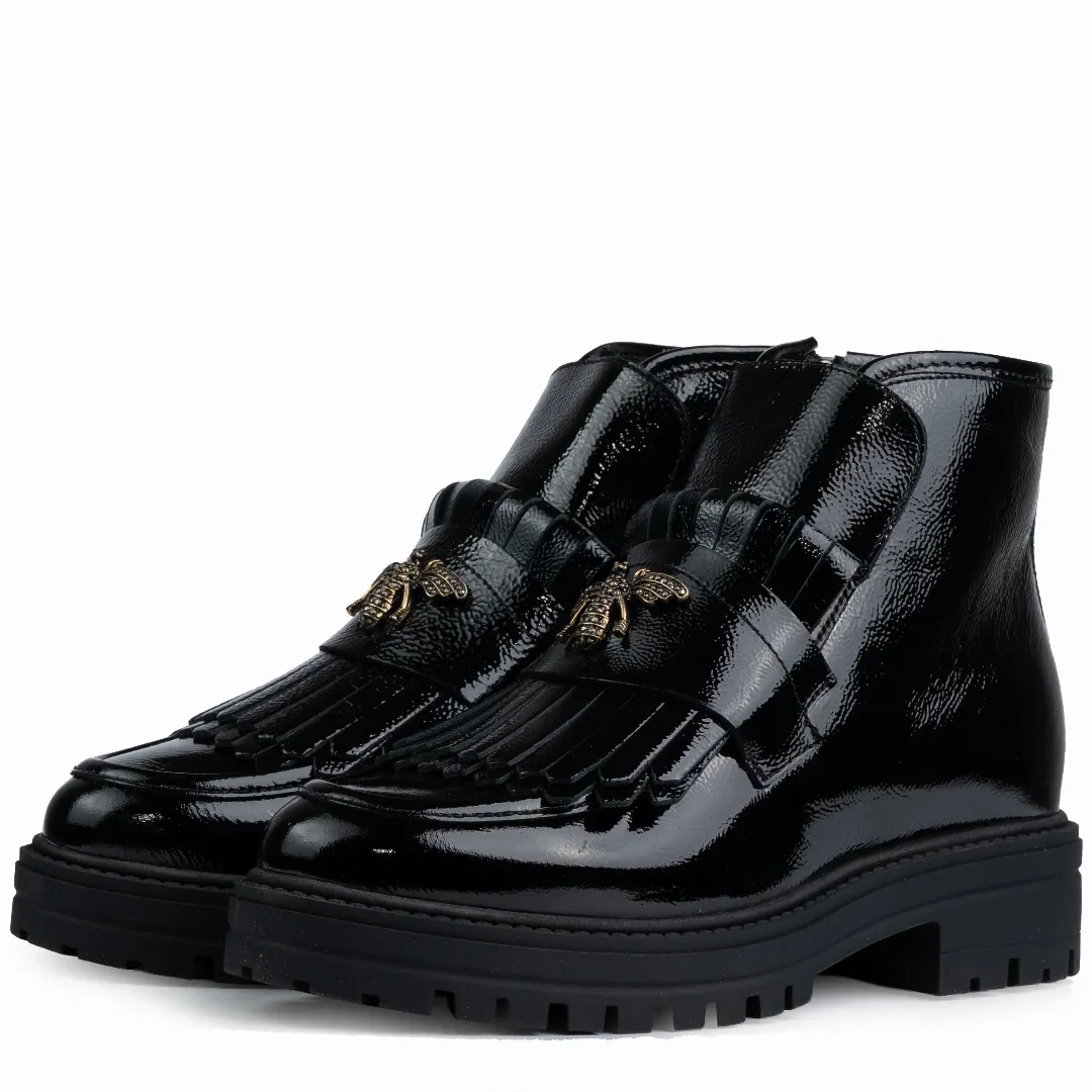 Ghete dama calapod normal, Glemis, piele naturala - Model: Stupina, Culoare: Negru Lac, Marime: 38 (25 cm)