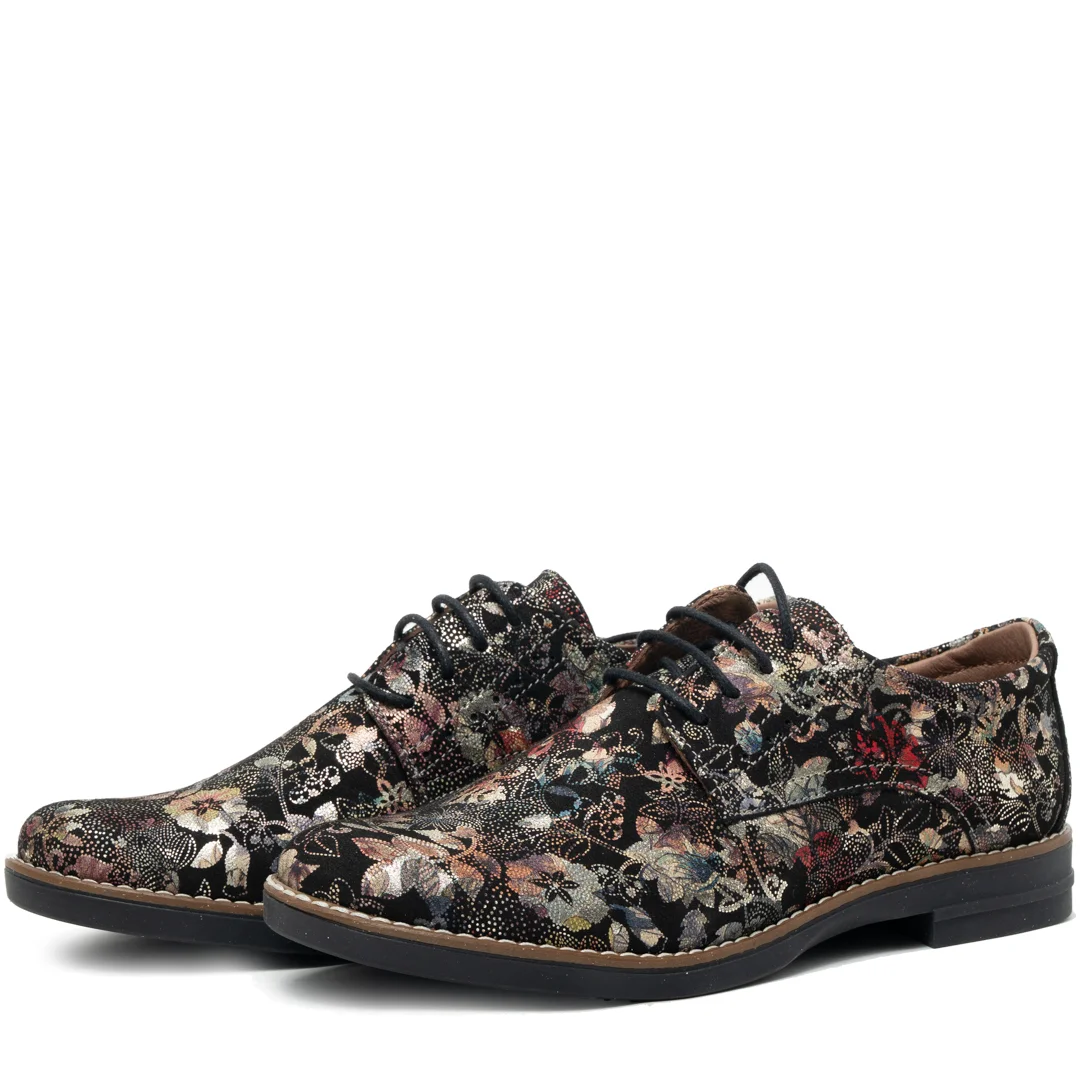 Pantofi casual dama, Glemis, piele naturala - Model: AN-1240-K, Culoare: Negru floral, Marime: 38 (24.7 cm)