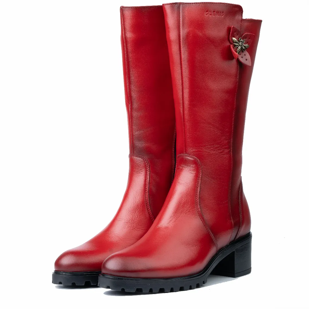 Cizme dama gamba groasa, Glemis, piele naturala - Model: GAMBA, Culoare: Rosu Box, Marime: 38 (25.2 cm)