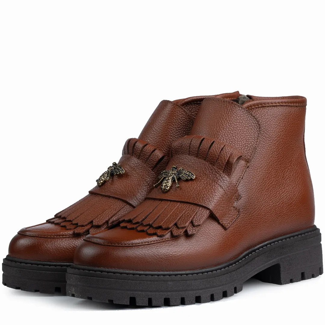 Ghete dama calapod normal, Glemis, piele naturala - Model: Stupina, Culoare: Maro Bizon, Marime: 38 (25 cm)