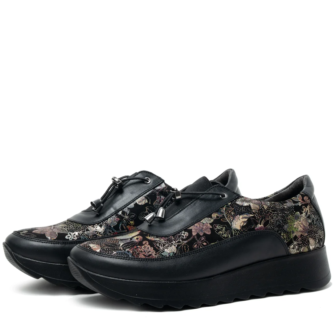 Pantofi casual dama, Glemis, piele naturala - Model: AN-1400, Culoare: Negru Floral, Marime: 38 (24.4 cm)