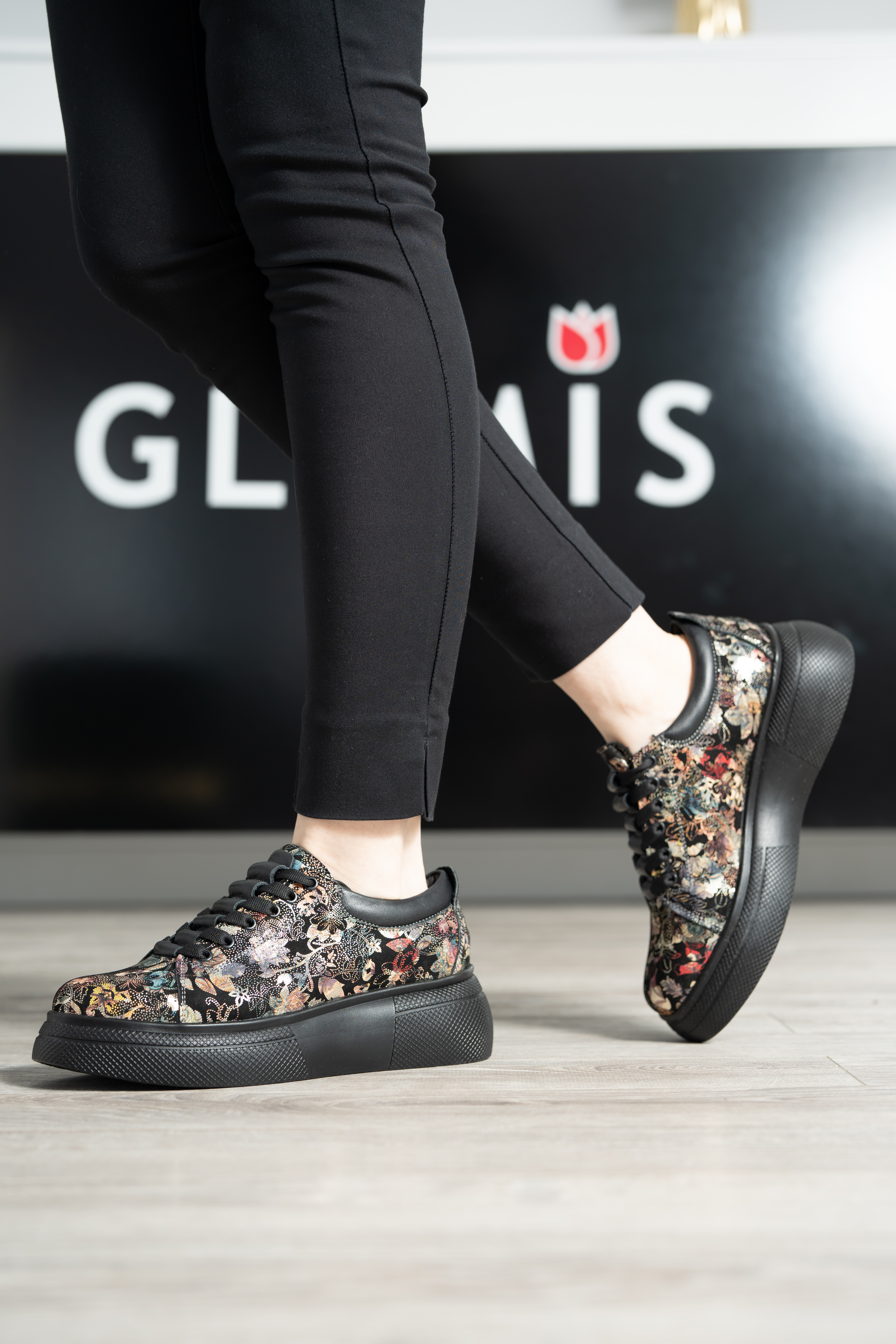 Pantofi casual dama, Glemis, piele naturala - Model: AN-1260-A, Culoare: Negru Floral, Marime: 38 (24.8 cm)