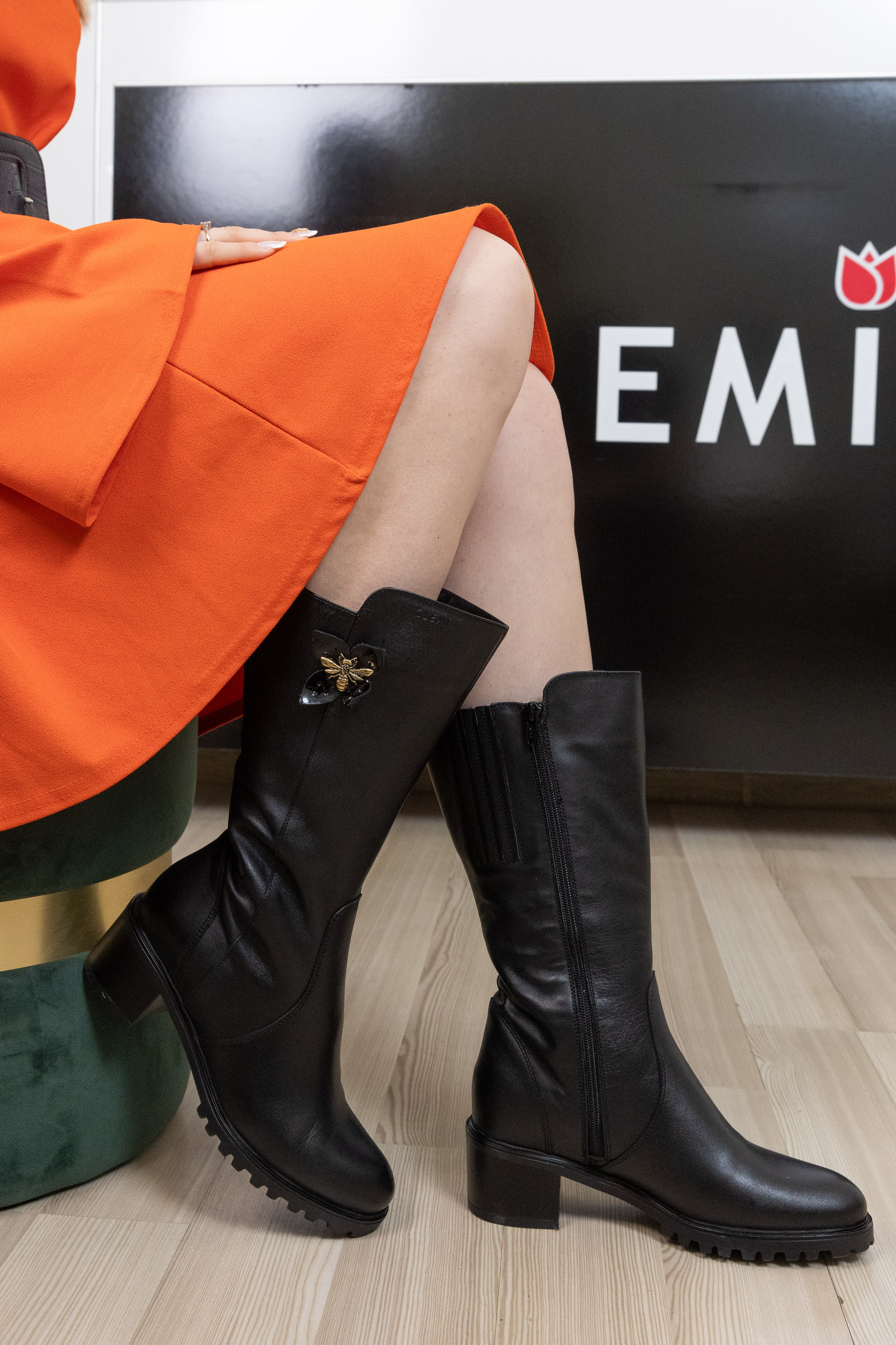 Cizme dama gamba groasa, Glemis, piele naturala - Model: GAMBA XL, Culoare: Negru Box, Marime: 38 (25.2 cm)