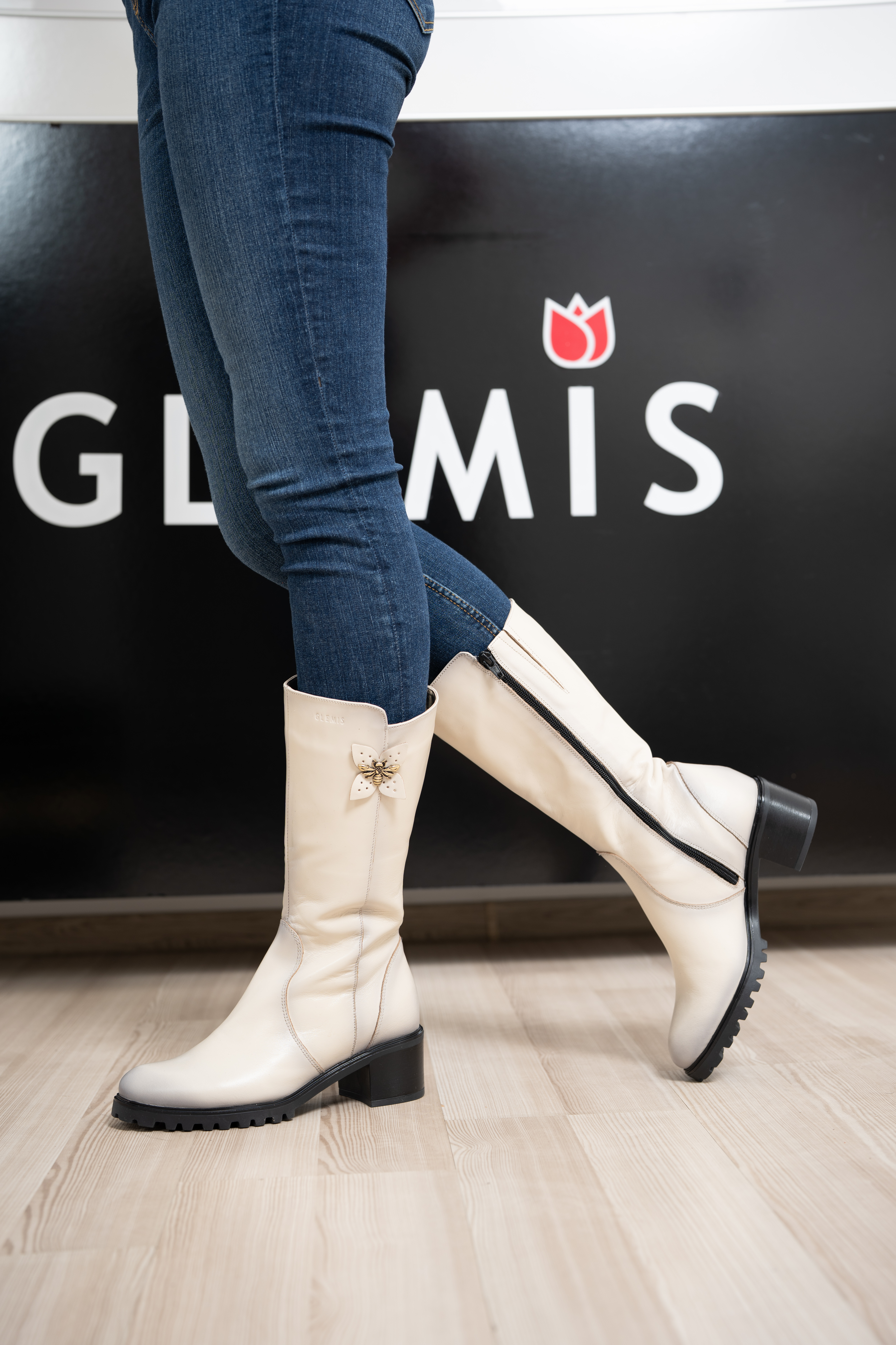 Cizme dama gamba groasa, Glemis, piele naturala - Model: GAMBA, Culoare: Bej Box, Marime: 38 (25.2 cm)
