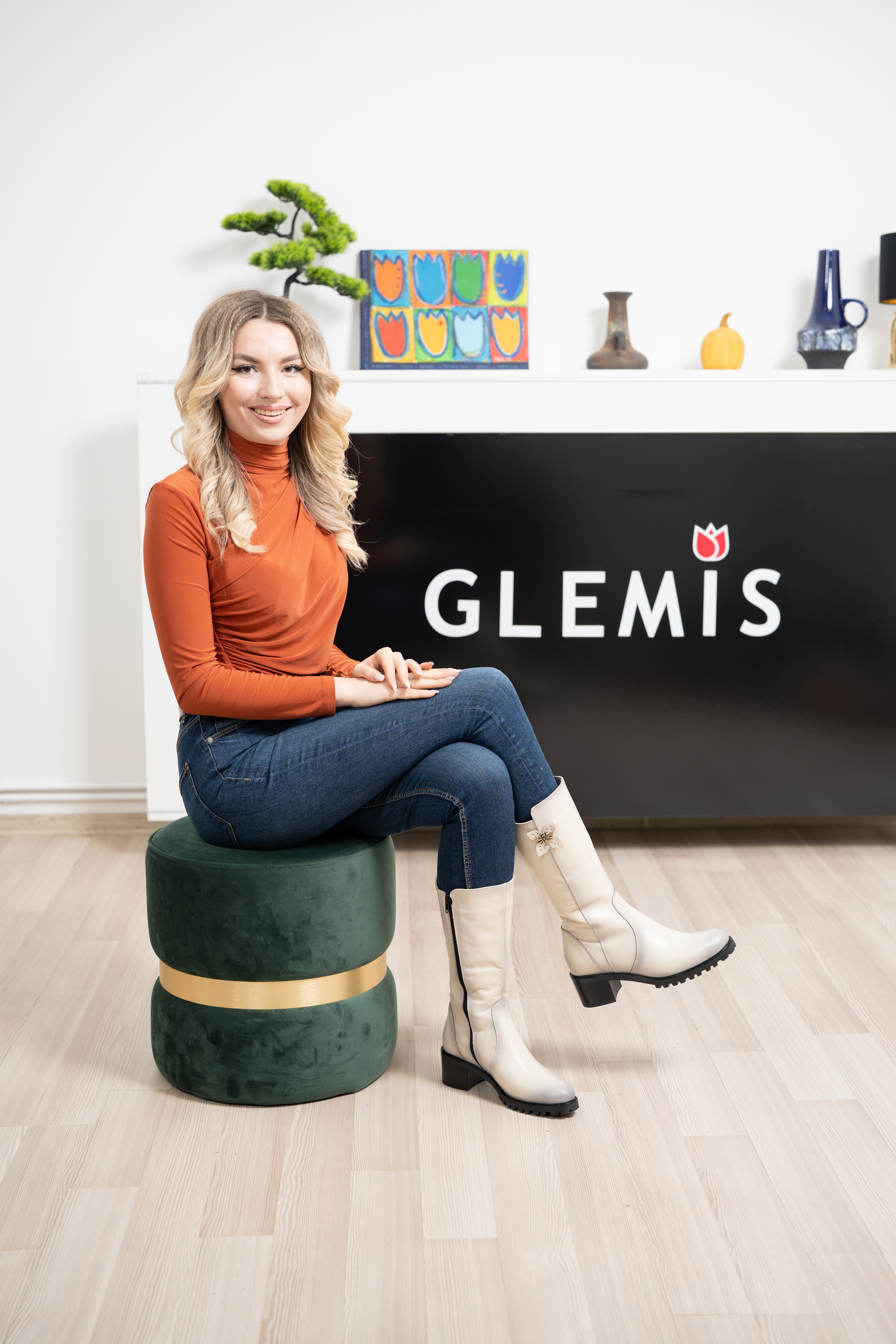 Cizme dama gamba groasa, Glemis, piele naturala - Model: GAMBA, Culoare: Bej Box, Marime: 38 (25.2 cm)