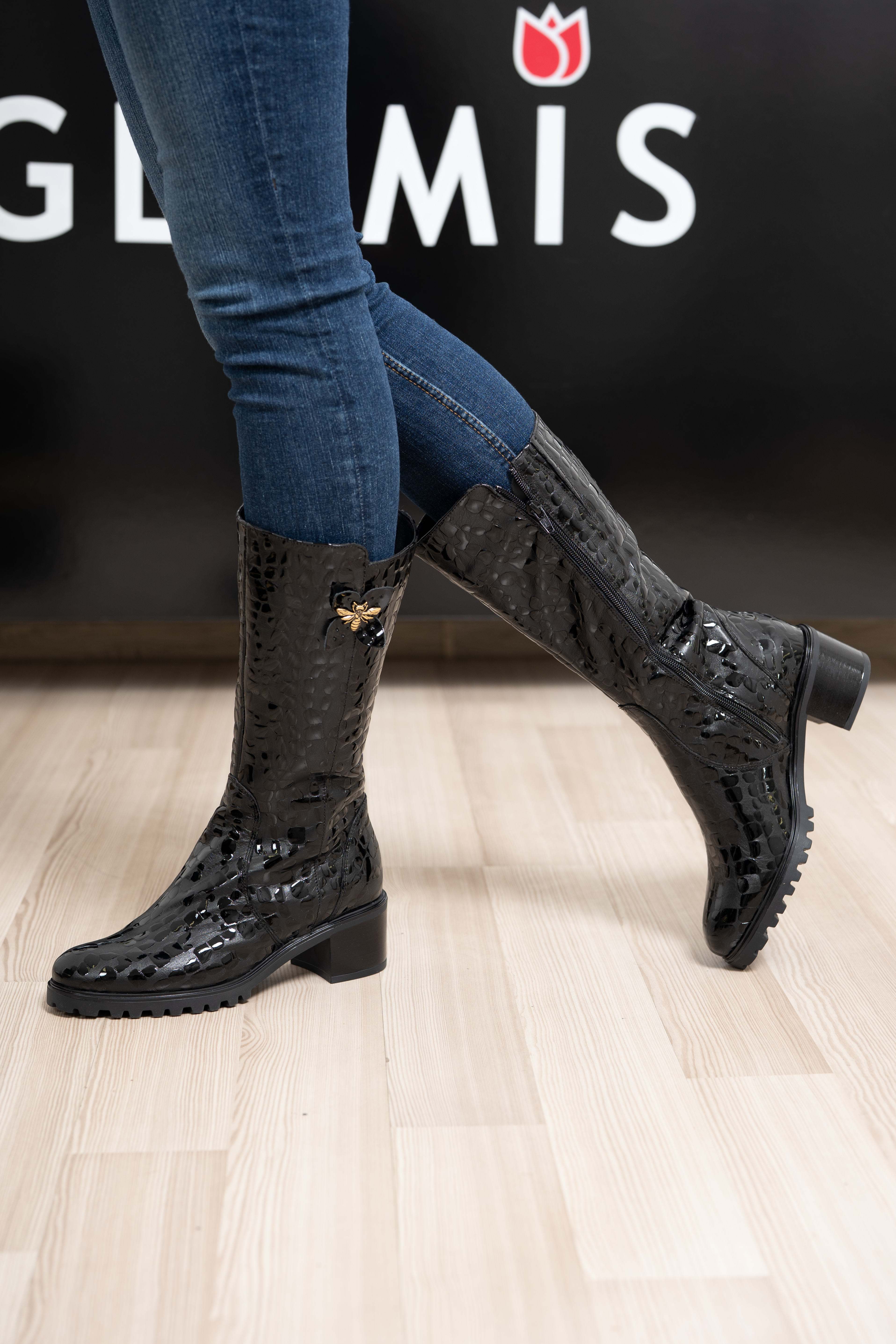 Cizme dama gamba groasa, Glemis, piele naturala - Model: GAMBA, Culoare: Negru Box Lac, Marime: 38 (25.2 cm)