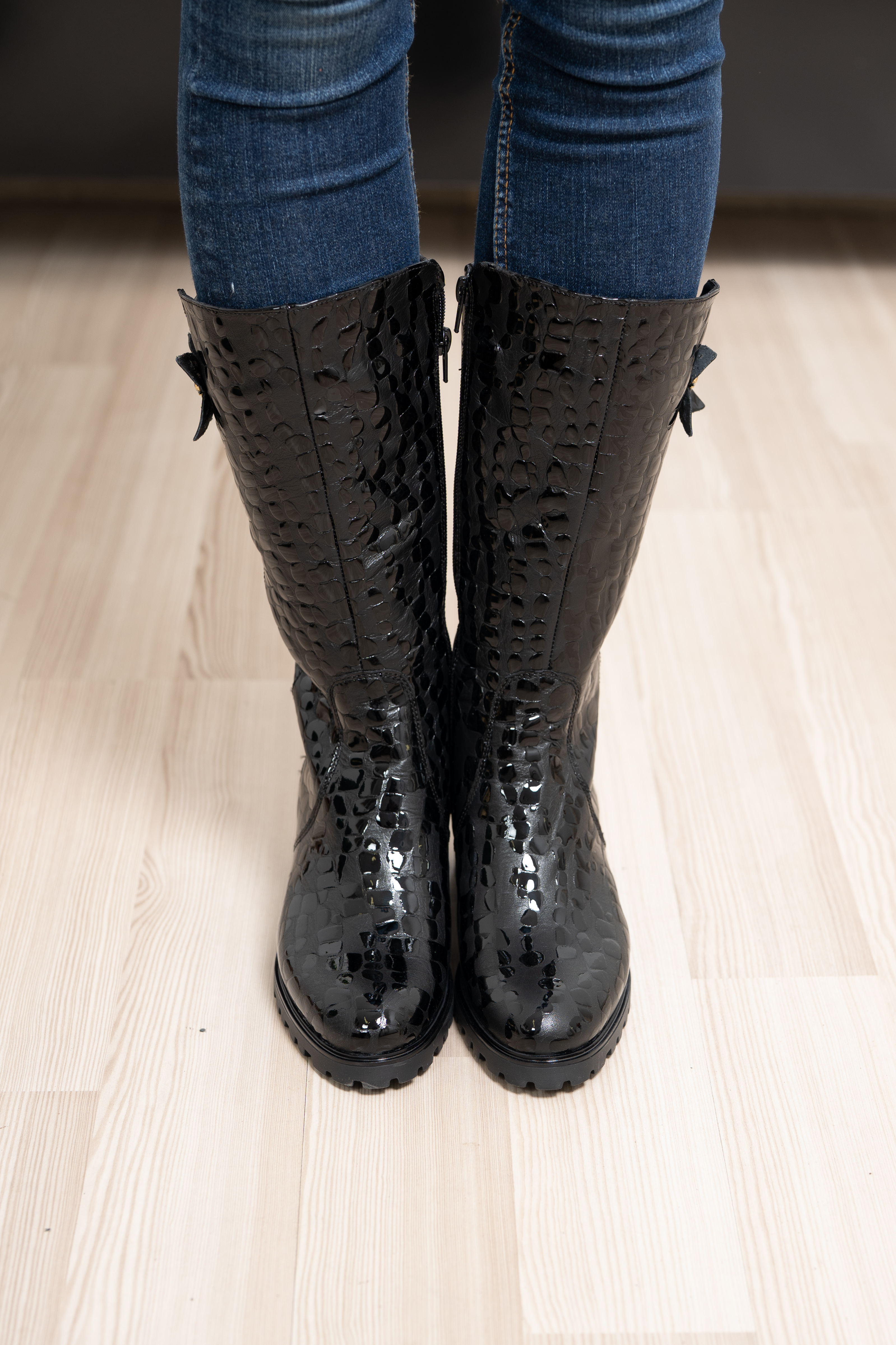 Cizme dama gamba groasa, Glemis, piele naturala - Model: GAMBA, Culoare: Negru Box Lac, Marime: 38 (25.2 cm)