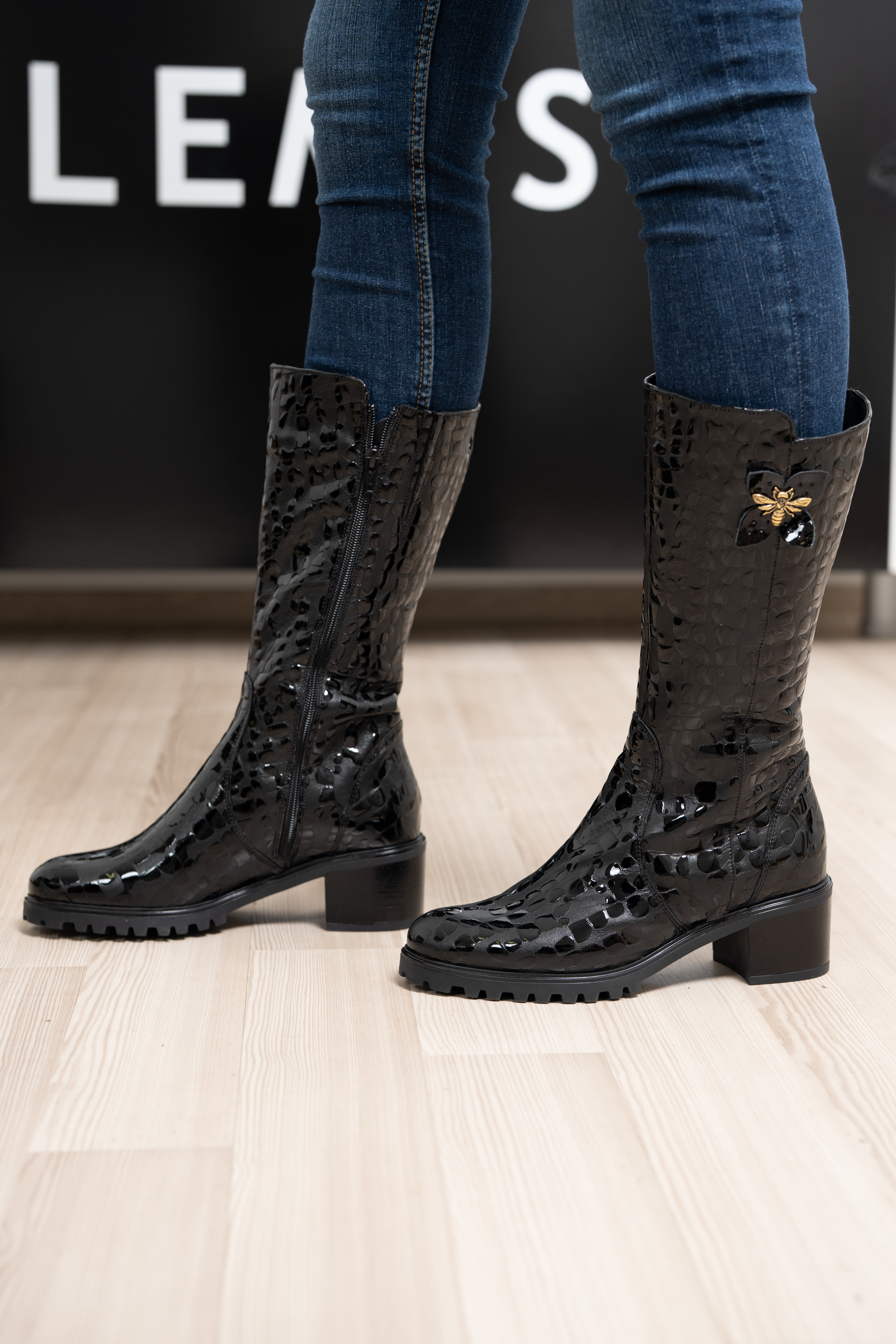 Cizme dama gamba groasa, Glemis, piele naturala - Model: GAMBA, Culoare: Negru Box Lac, Marime: 38 (25.2 cm)