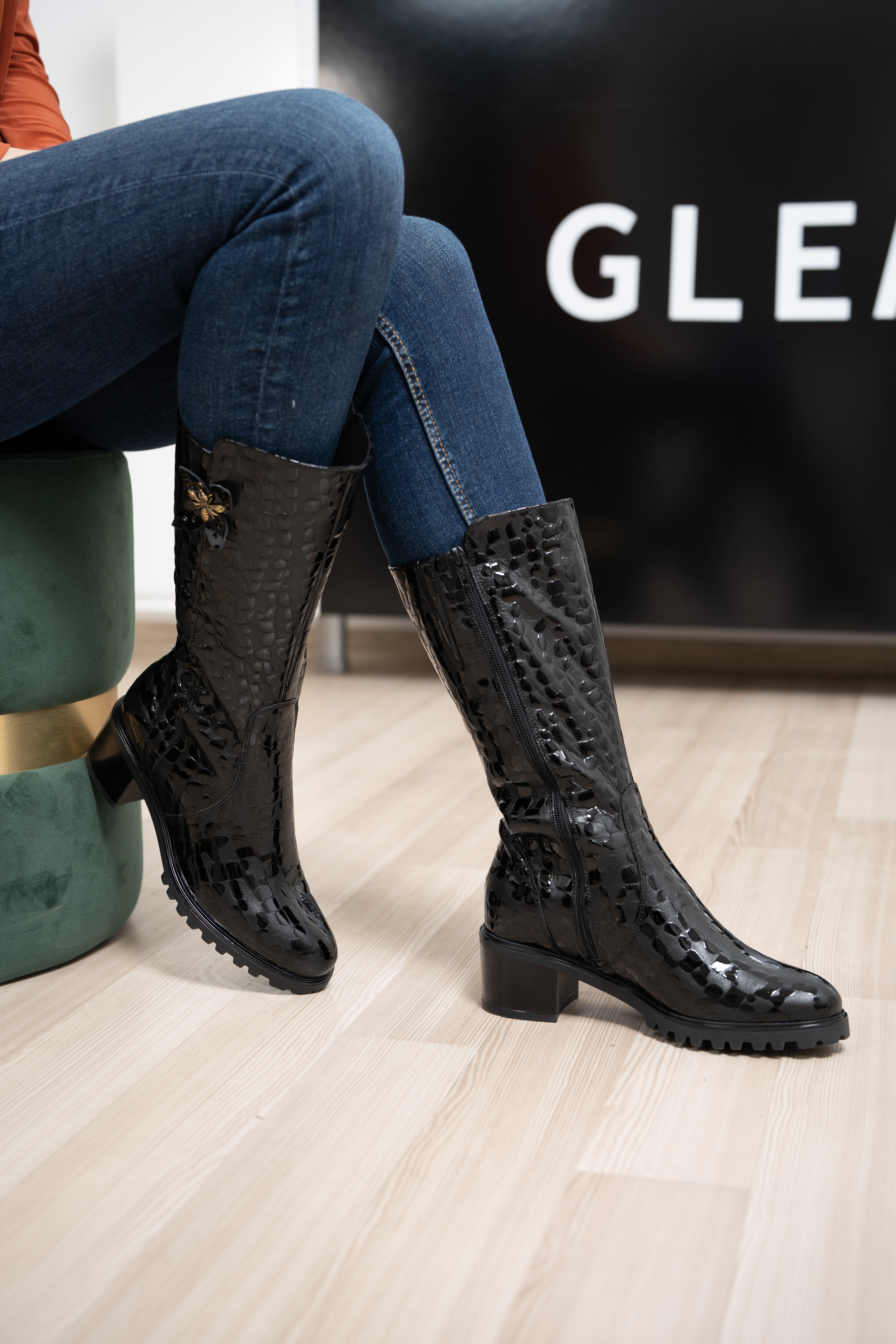 Cizme dama gamba groasa, Glemis, piele naturala - Model: GAMBA, Culoare: Negru Box Lac, Marime: 38 (25.2 cm)