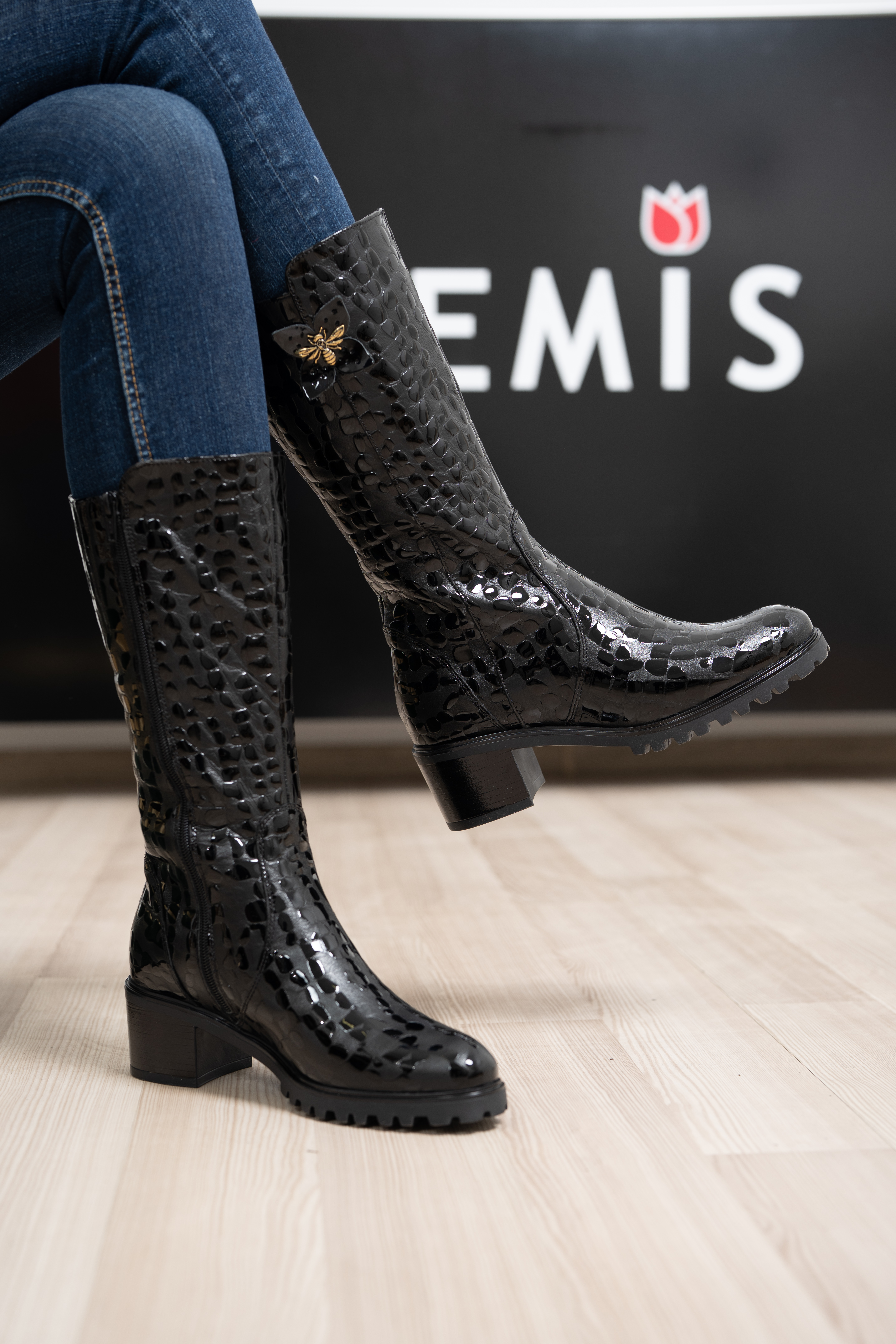 Cizme dama gamba groasa, Glemis, piele naturala - Model: GAMBA, Culoare: Negru Box Lac, Marime: 38 (25.2 cm)