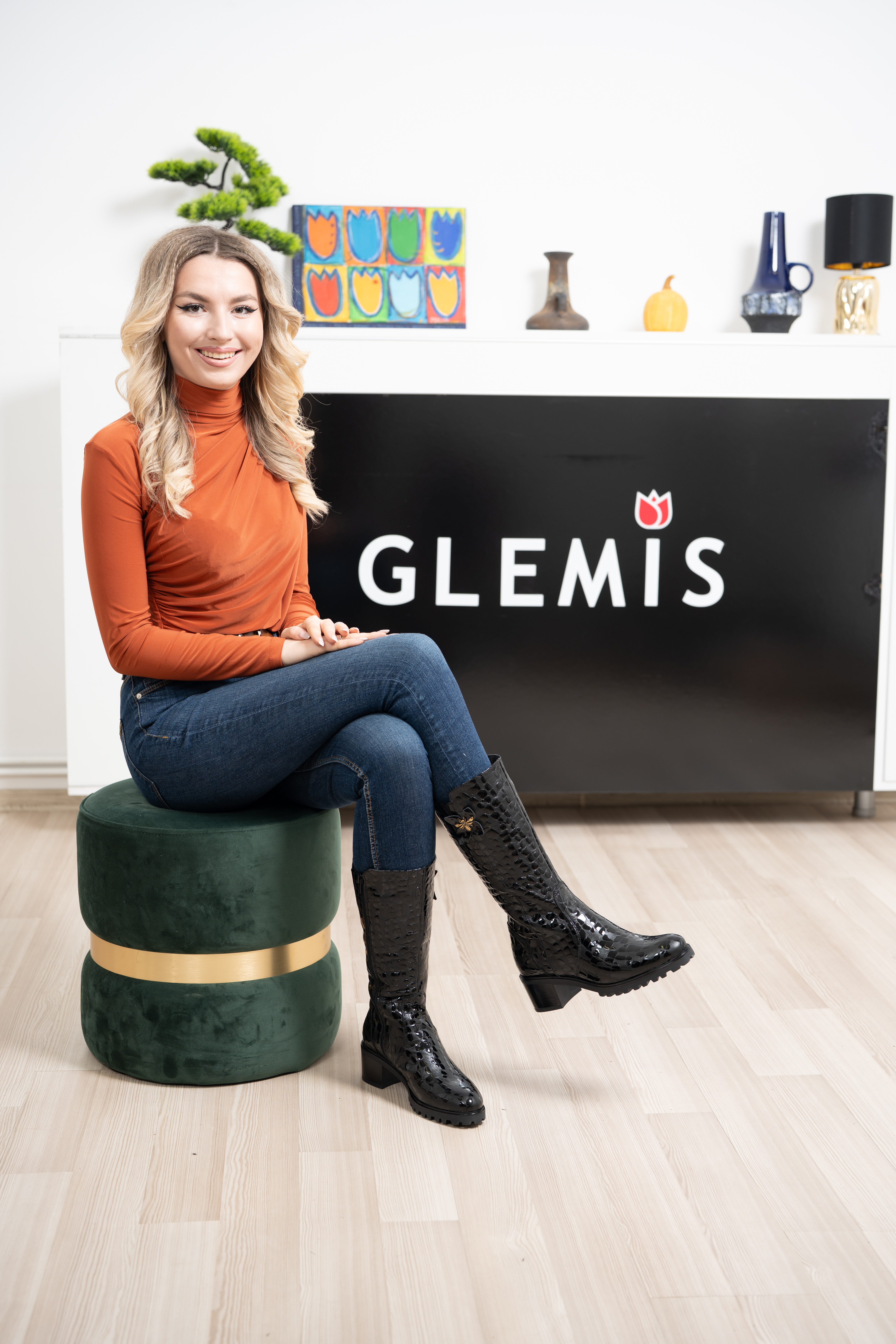 Cizme dama gamba groasa, Glemis, piele naturala - Model: GAMBA, Culoare: Negru Box Lac, Marime: 38 (25.2 cm)