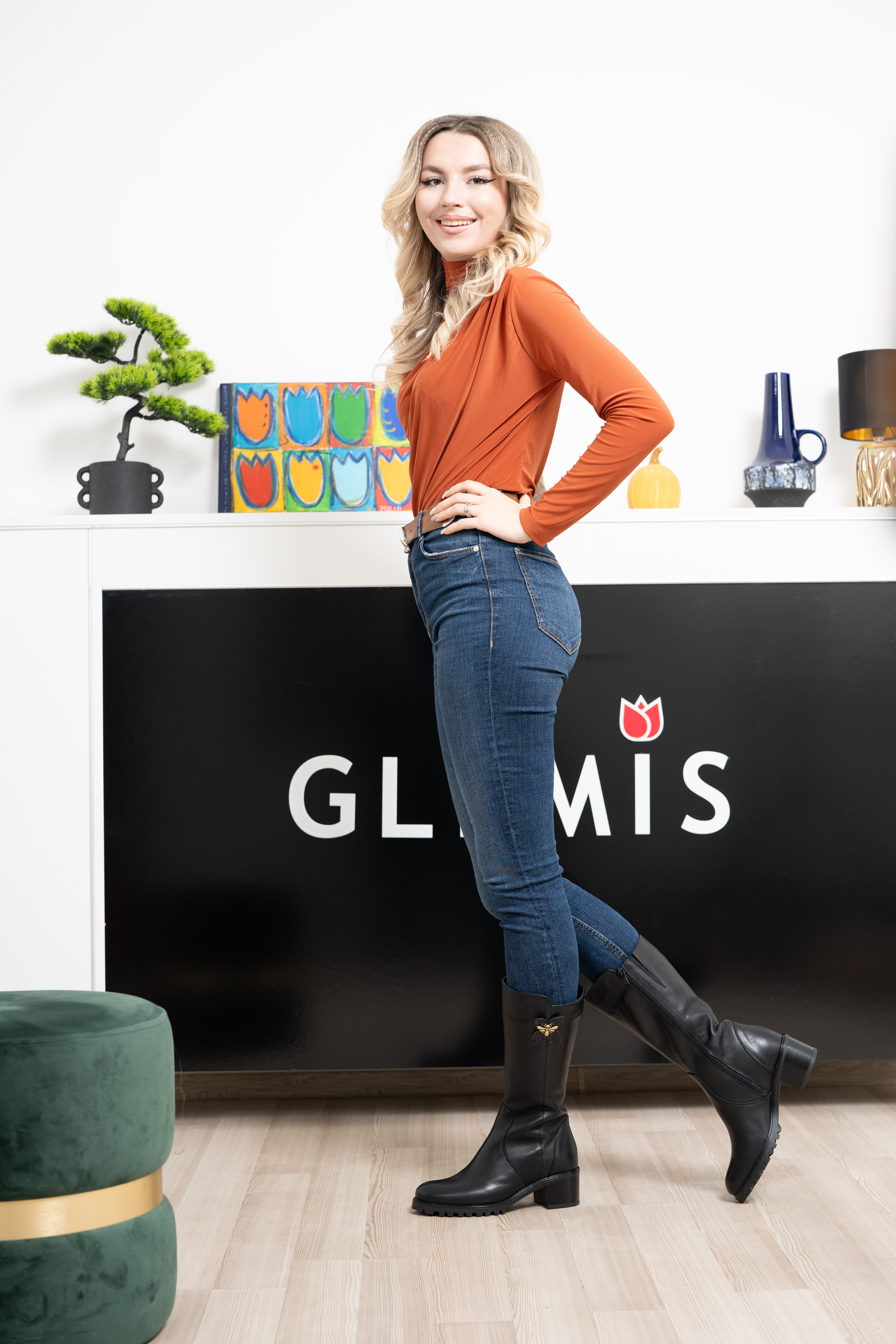 Cizme dama gamba groasa, Glemis, piele naturala - Model: GAMBA, Culoare: Negru Box, Marime: 38 (25.2 cm)