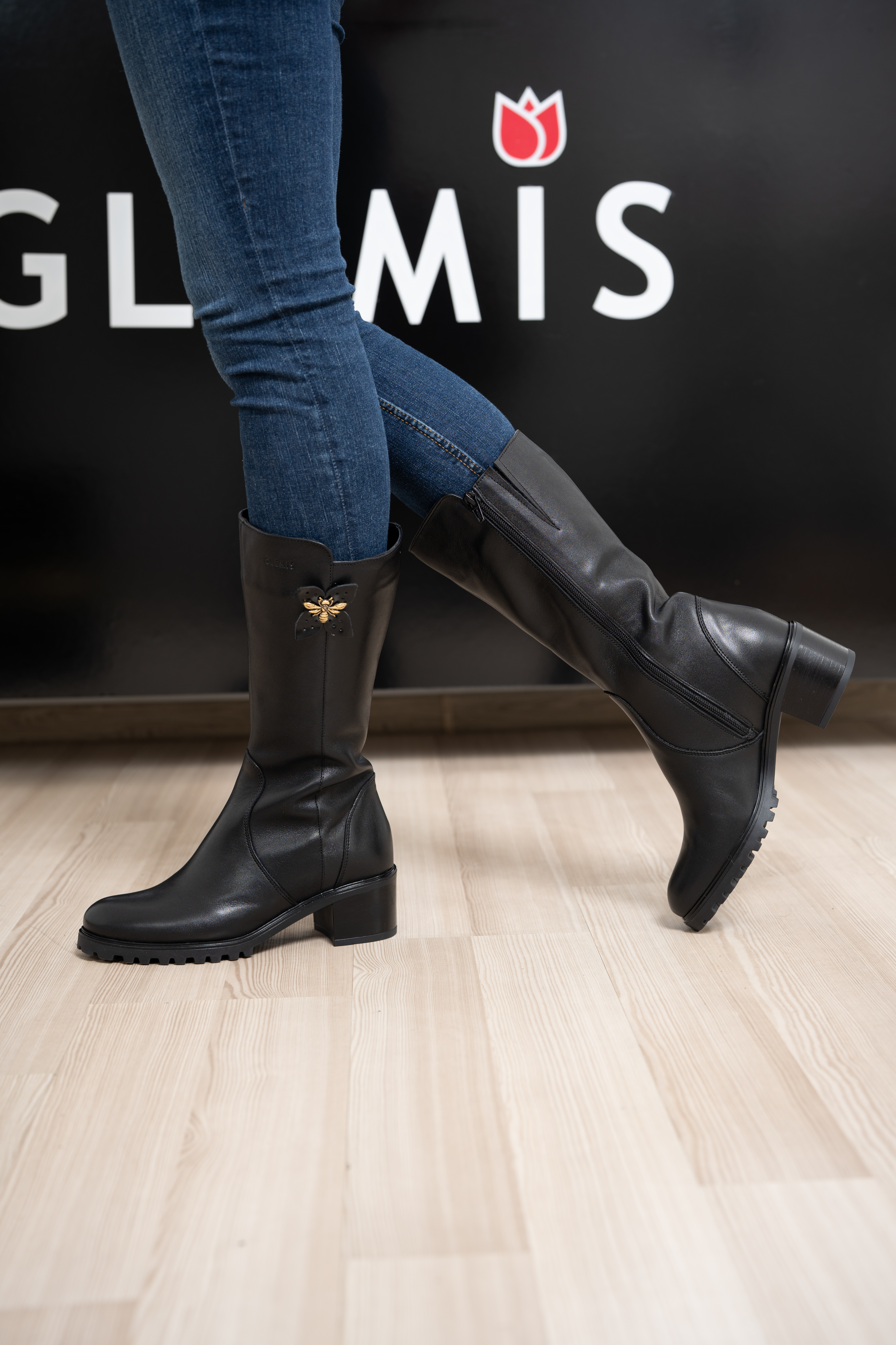 Cizme dama gamba groasa, Glemis, piele naturala - Model: GAMBA, Culoare: Negru Box, Marime: 38 (25.2 cm)