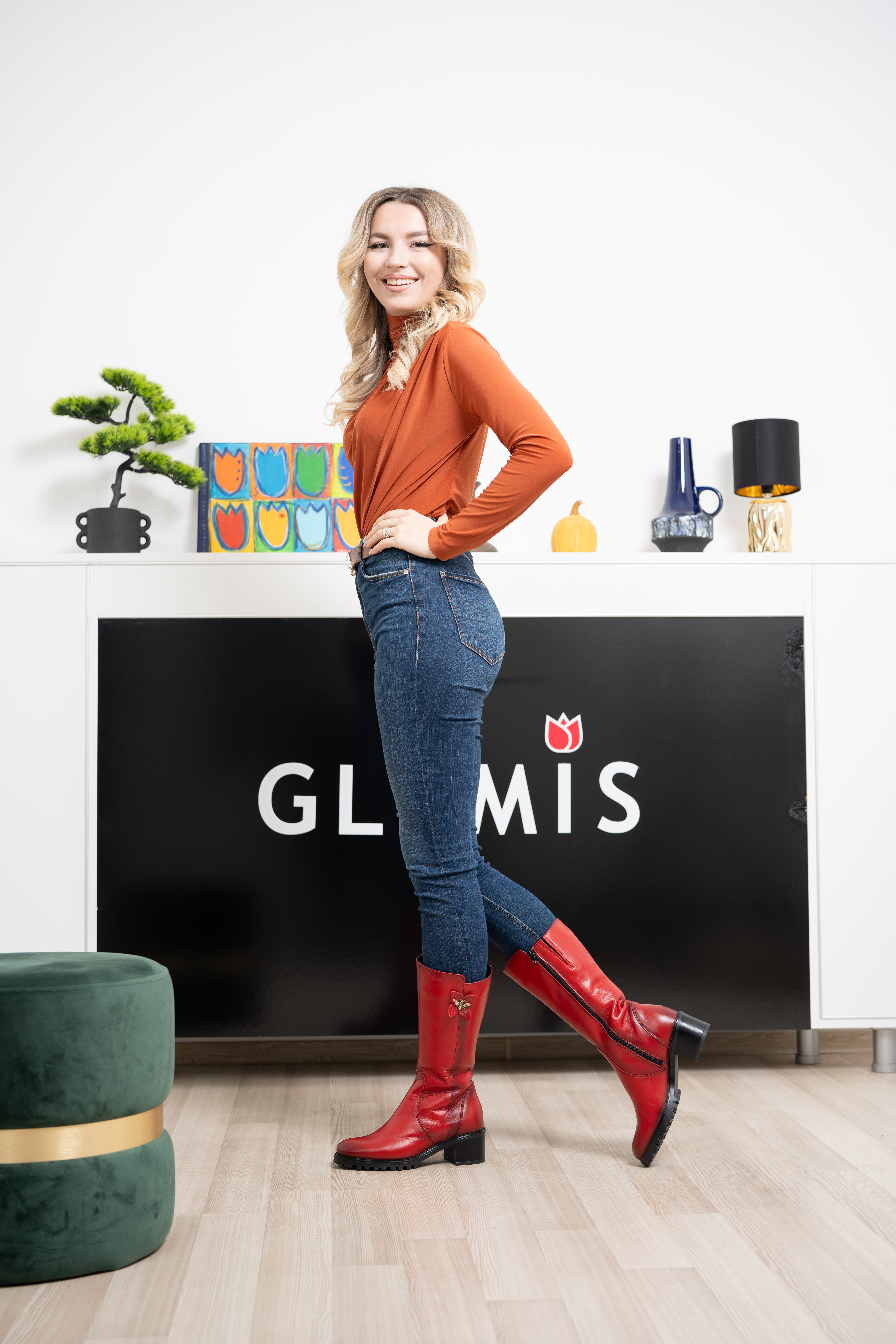 Cizme dama gamba groasa, Glemis, piele naturala - Model: GAMBA, Culoare: Rosu Box, Marime: 38 (25.2 cm)