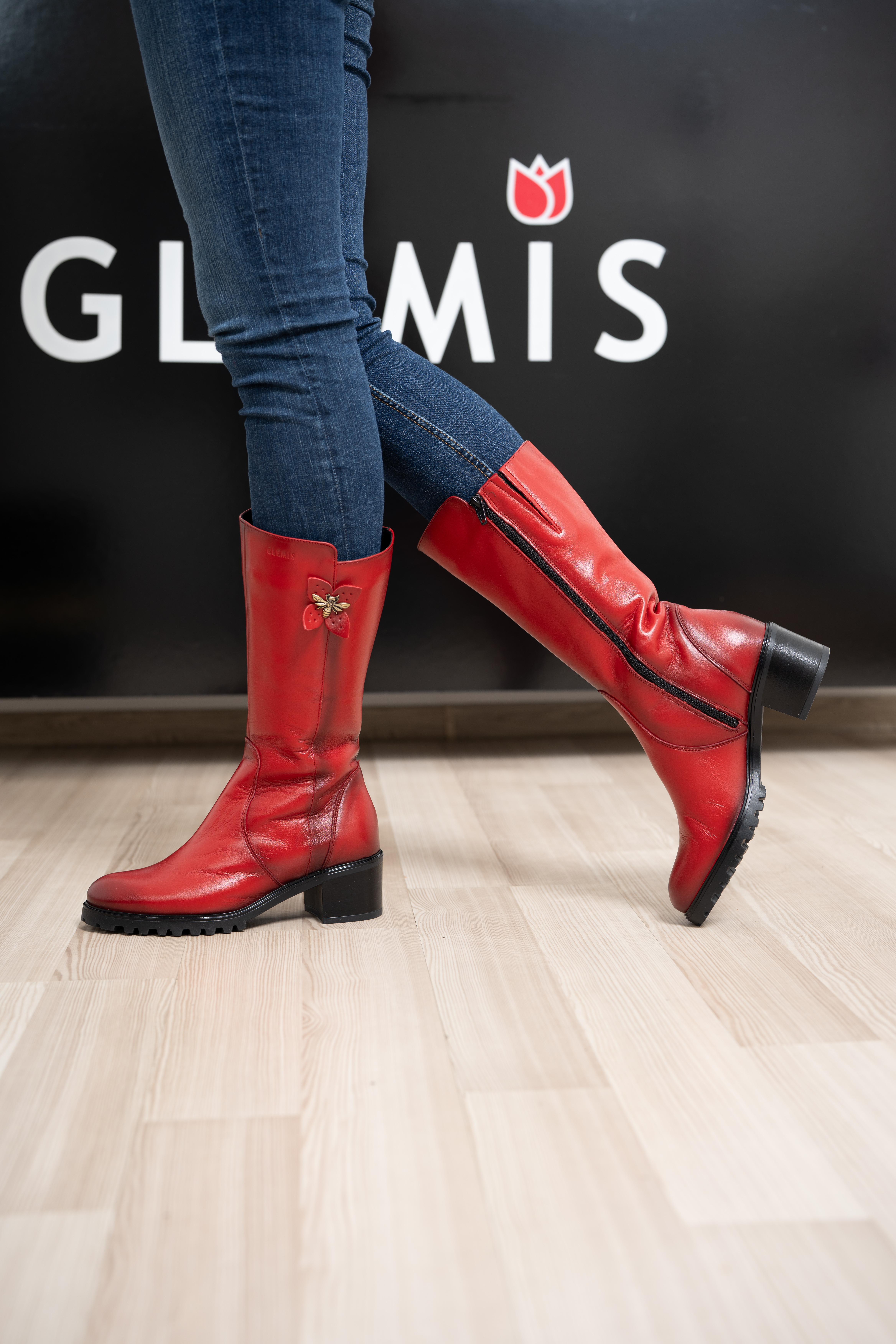 Cizme dama gamba groasa, Glemis, piele naturala - Model: GAMBA, Culoare: Rosu Box, Marime: 38 (25.2 cm)