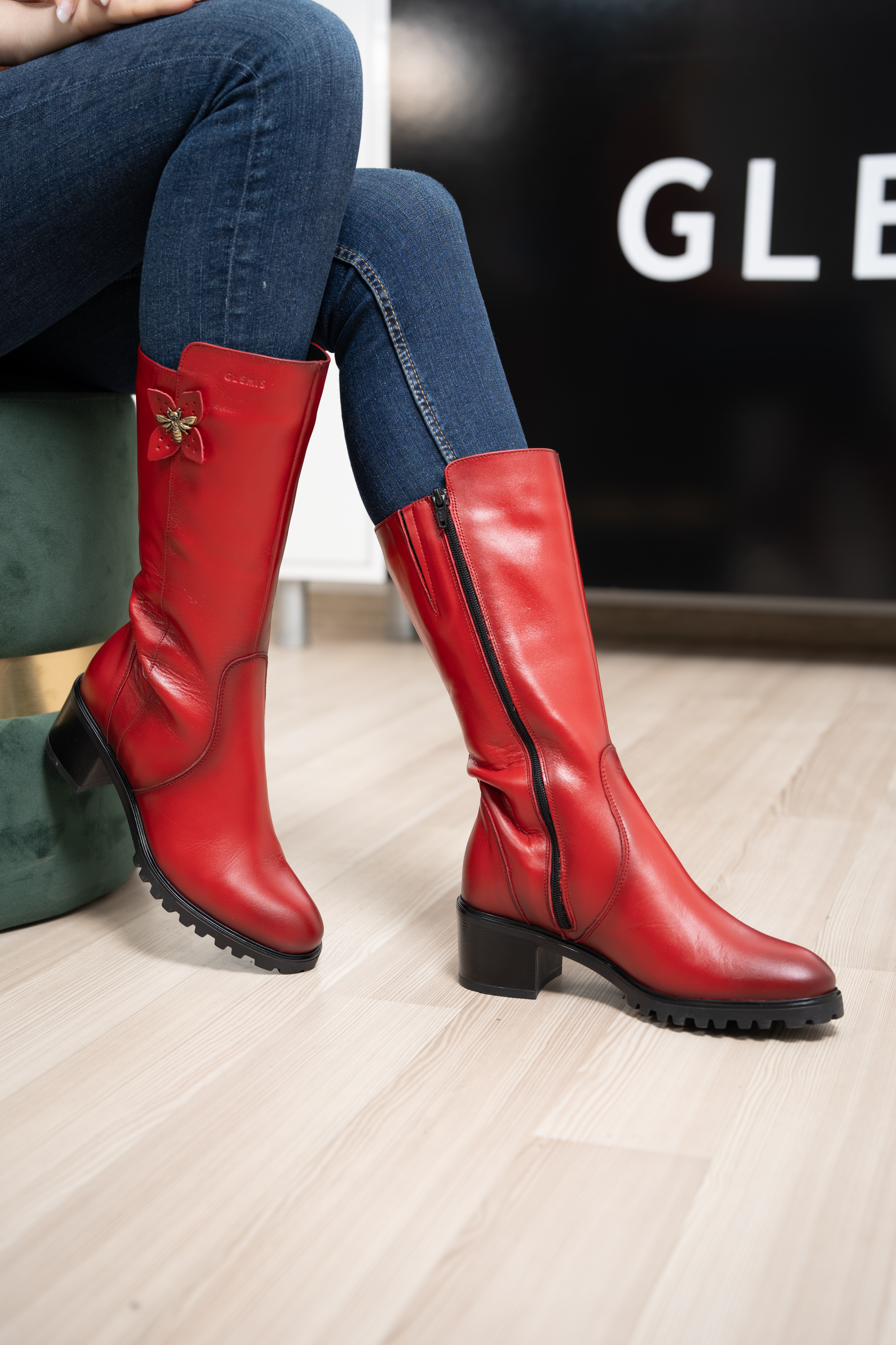 Cizme dama gamba groasa, Glemis, piele naturala - Model: GAMBA, Culoare: Rosu Box, Marime: 38 (25.2 cm)