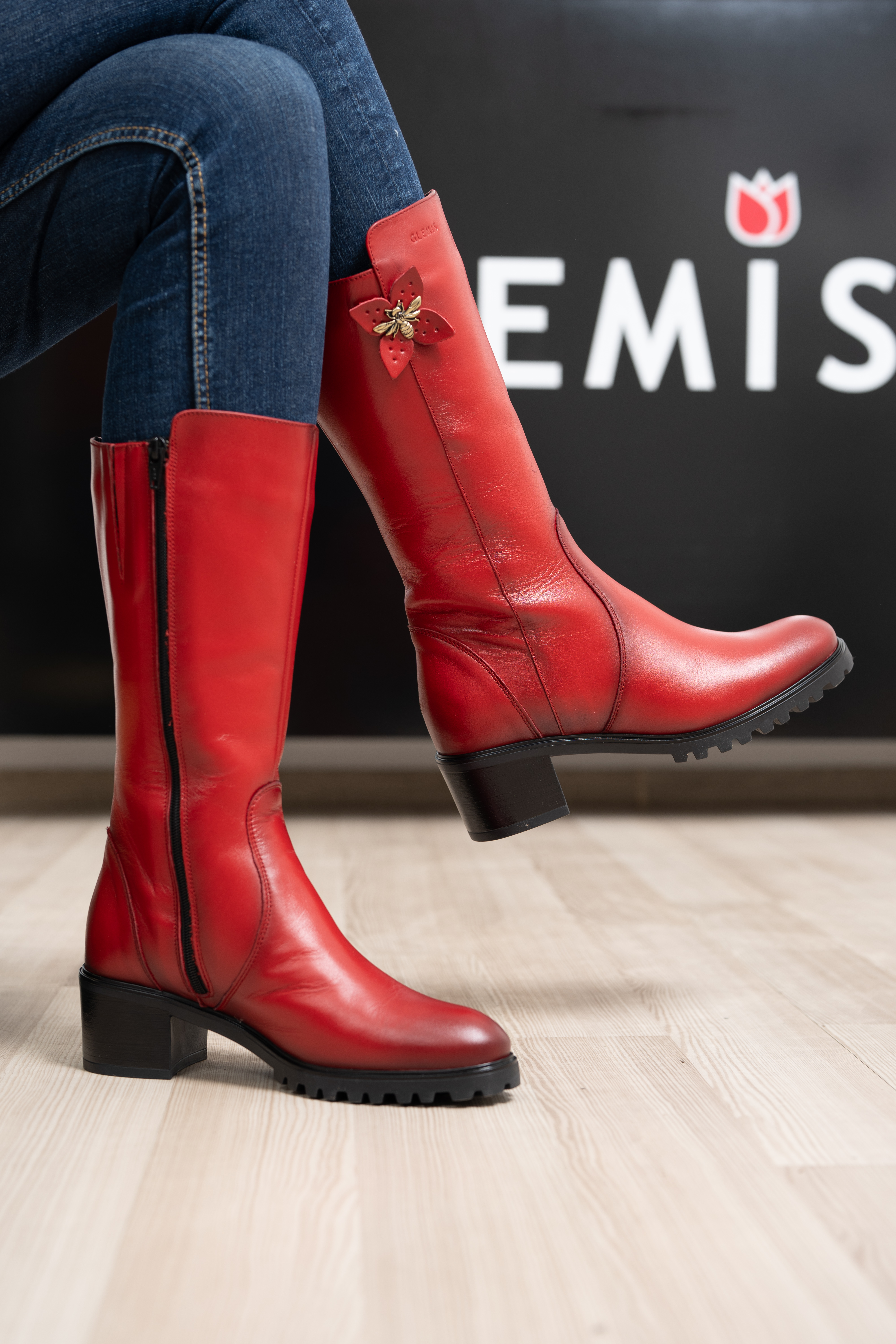 Cizme dama gamba groasa, Glemis, piele naturala - Model: GAMBA, Culoare: Rosu Box, Marime: 38 (25.2 cm)