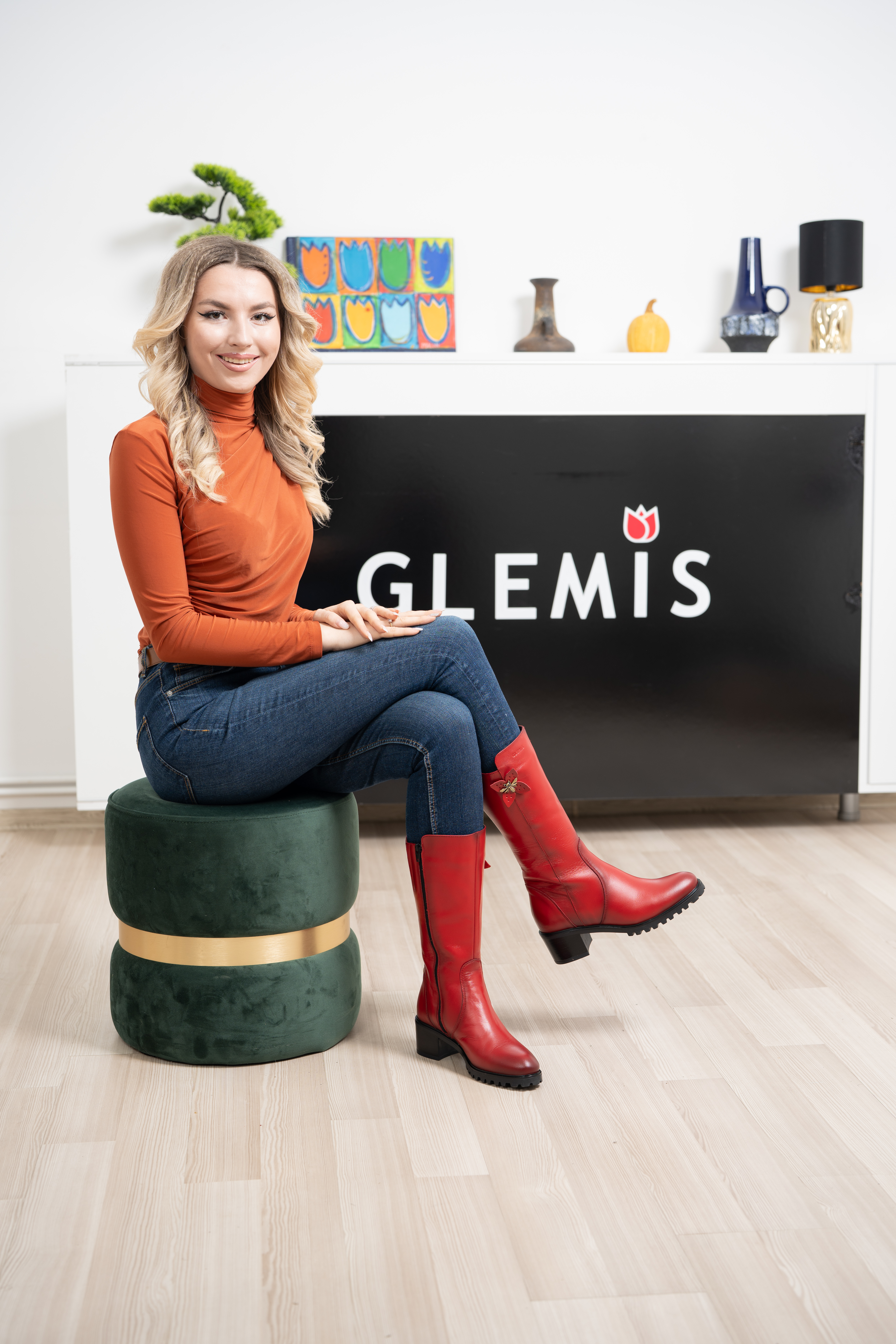 Cizme dama gamba groasa, Glemis, piele naturala - Model: GAMBA, Culoare: Rosu Box, Marime: 38 (25.2 cm)