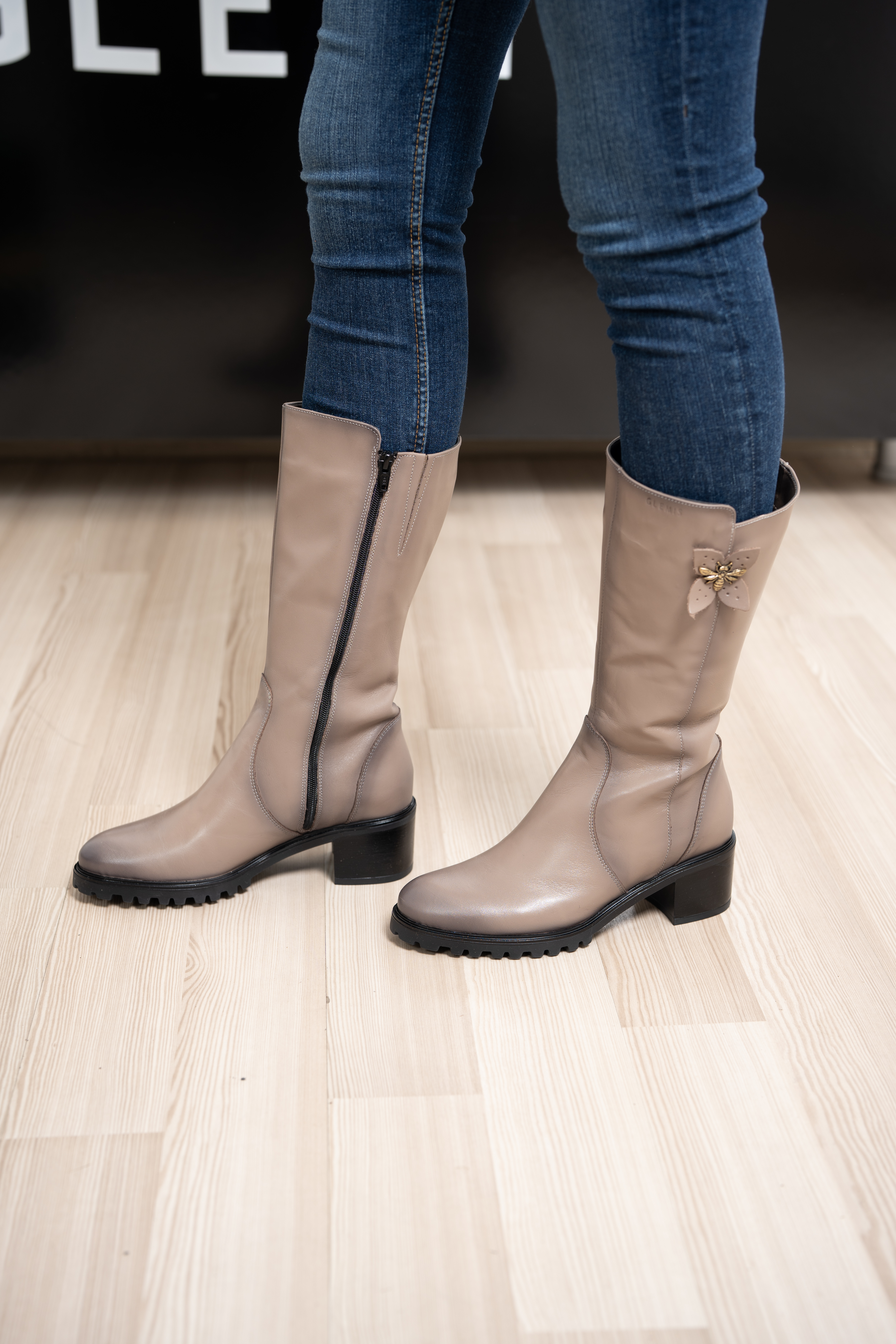 Cizme dama gamba groasa, Glemis, piele naturala - Model: GAMBA, Culoare: Taupe Box, Marime: 38 (25.2 cm)