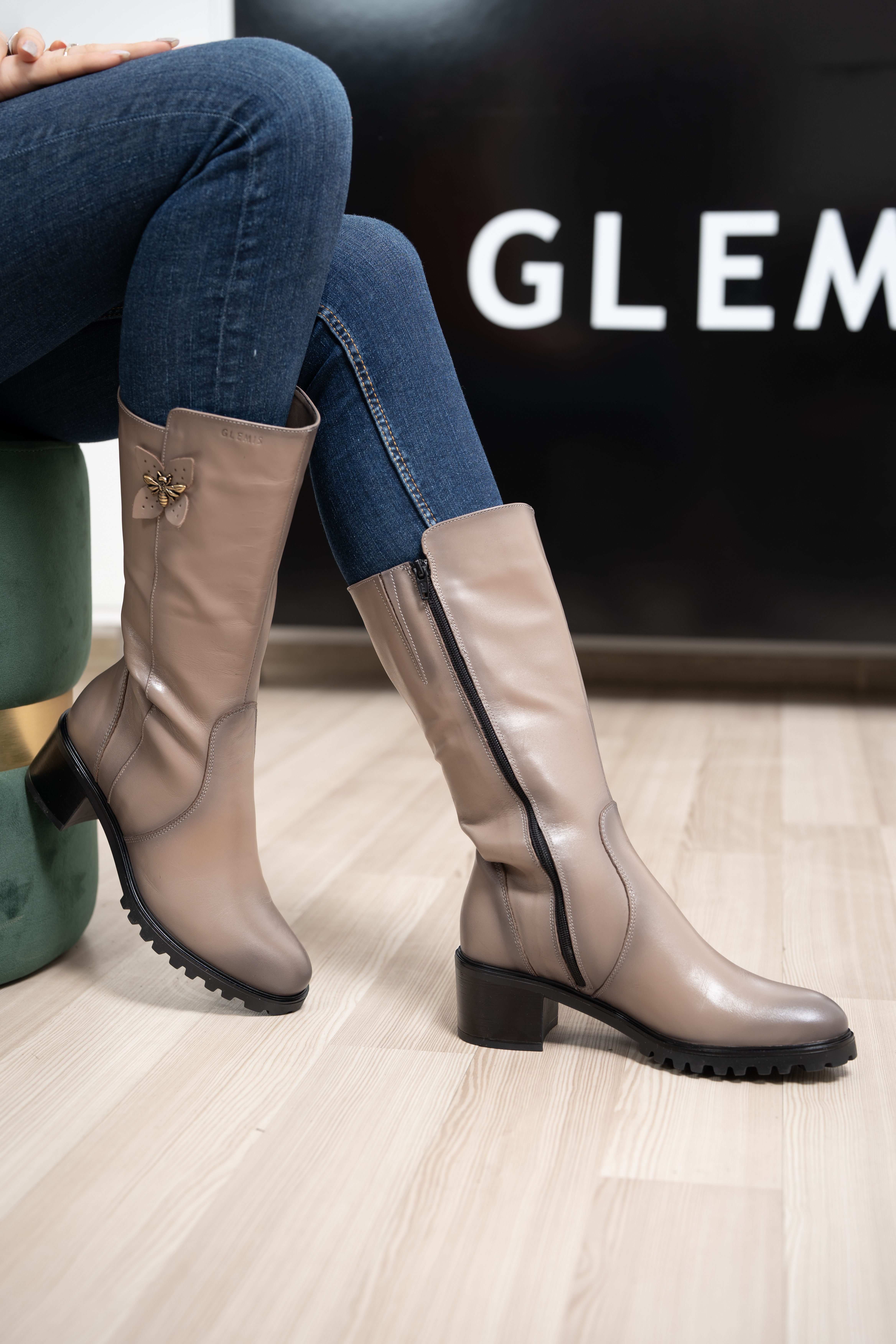 Cizme dama gamba groasa, Glemis, piele naturala - Model: GAMBA, Culoare: Taupe Box, Marime: 38 (25.2 cm)