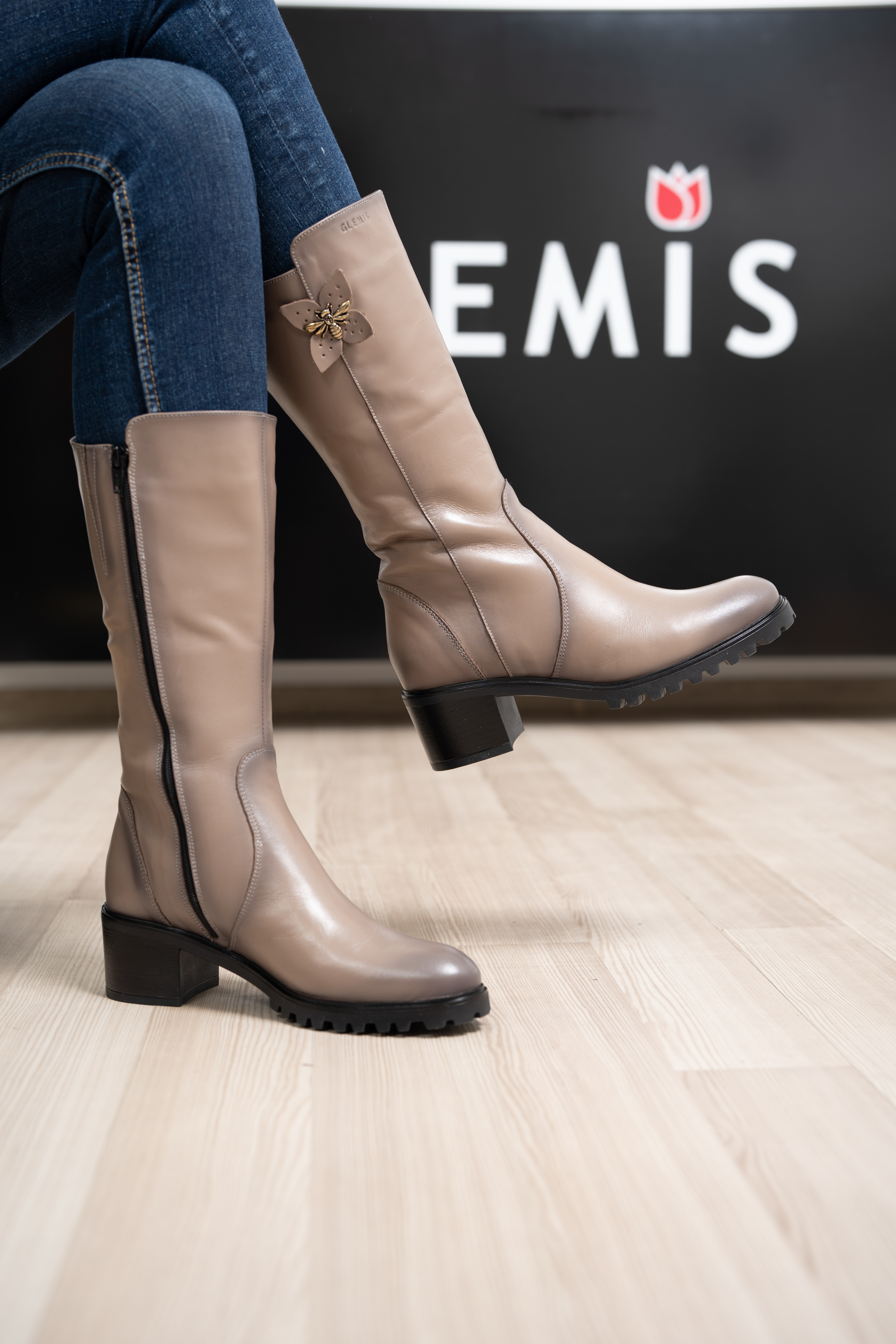 Cizme dama gamba groasa, Glemis, piele naturala - Model: GAMBA, Culoare: Taupe Box, Marime: 38 (25.2 cm)