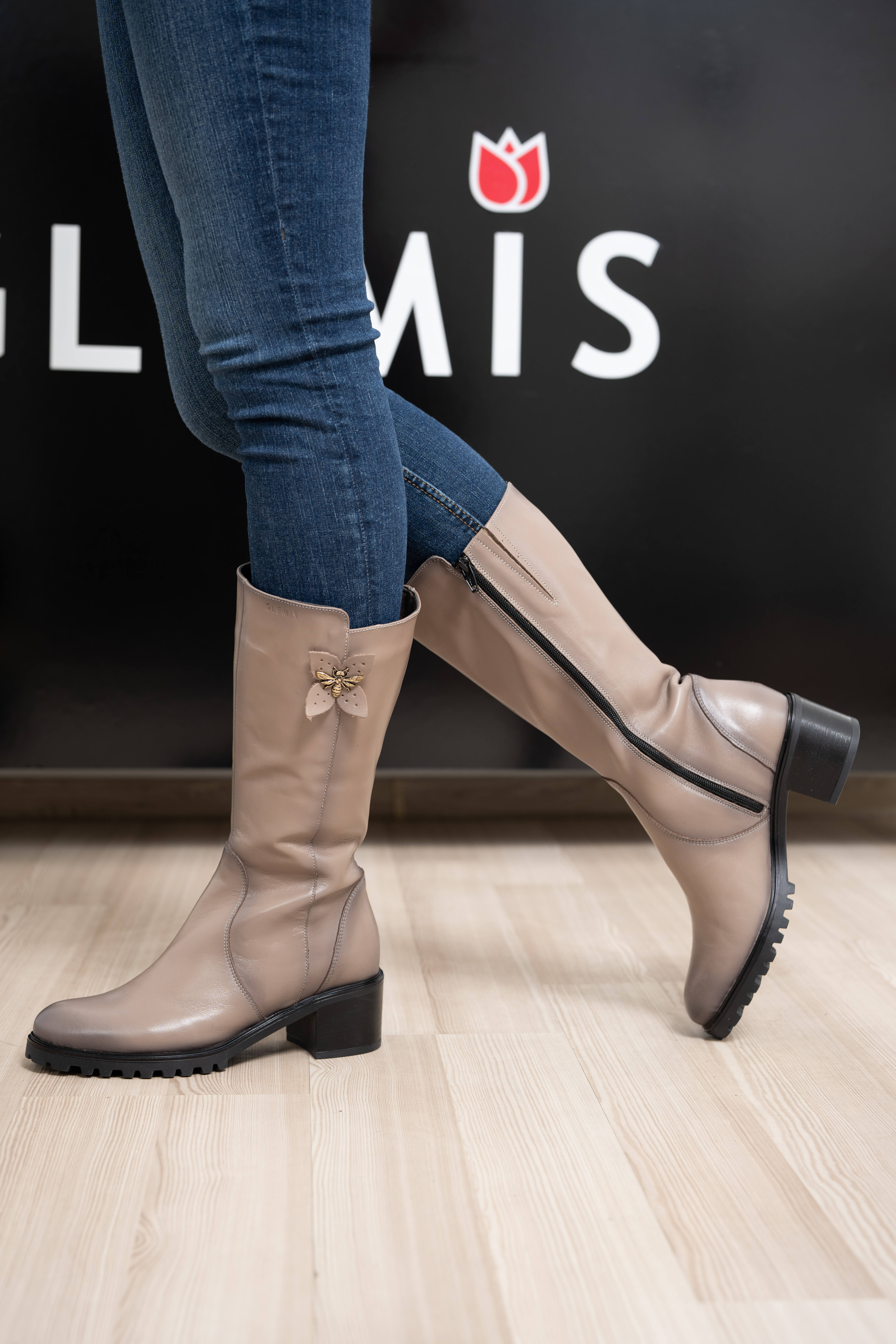 Cizme dama gamba groasa, Glemis, piele naturala - Model: GAMBA, Culoare: Taupe Box, Marime: 38 (25.2 cm)