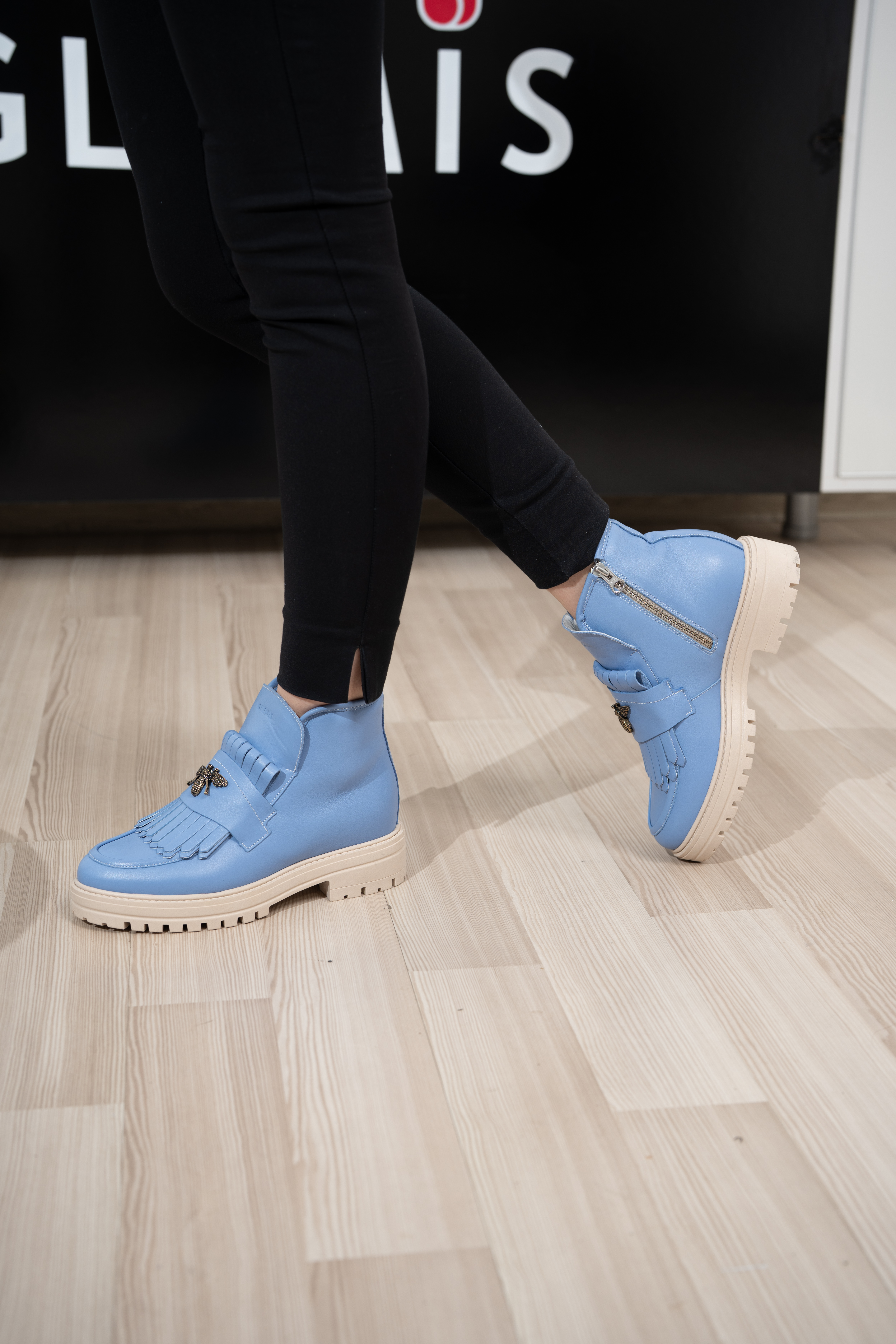 Ghete dama calapod normal, Glemis, piele naturala - Model: Stupina, Culoare: Albastru Box, Marime: 40 (26.6 cm