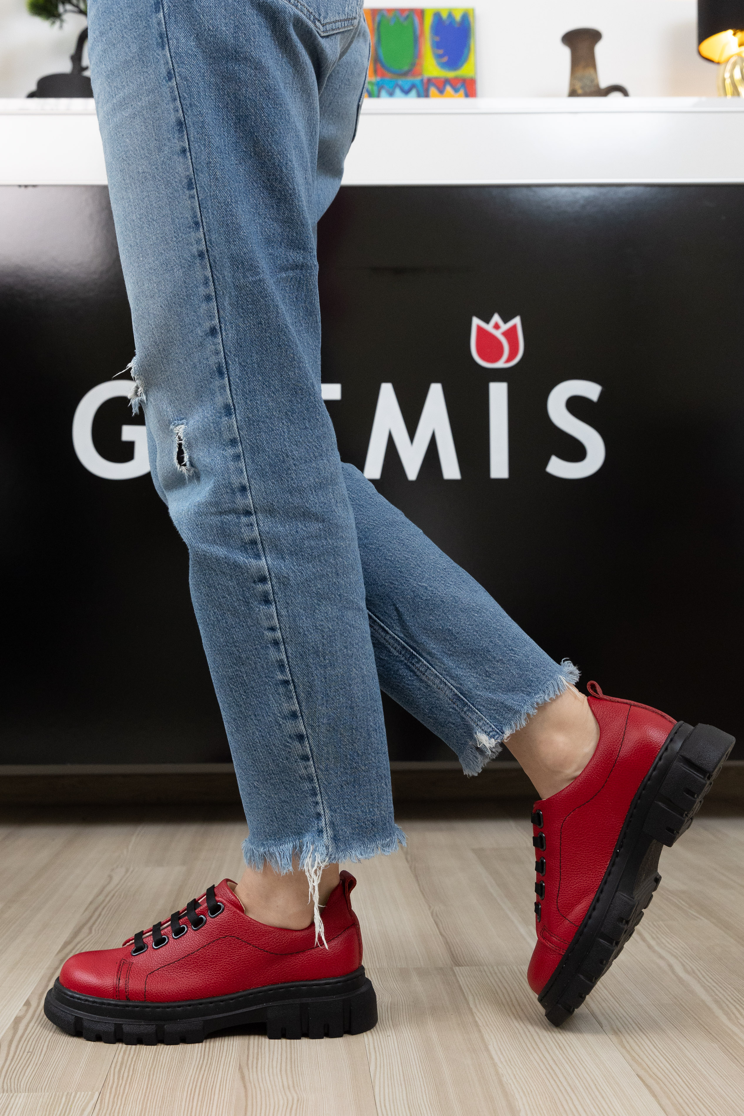 Pantofi dama calapod lat, Glemis, piele naturala - Cod: 665, Culoare: Rosu Bizon, Marime: 38 (24.8 cm)