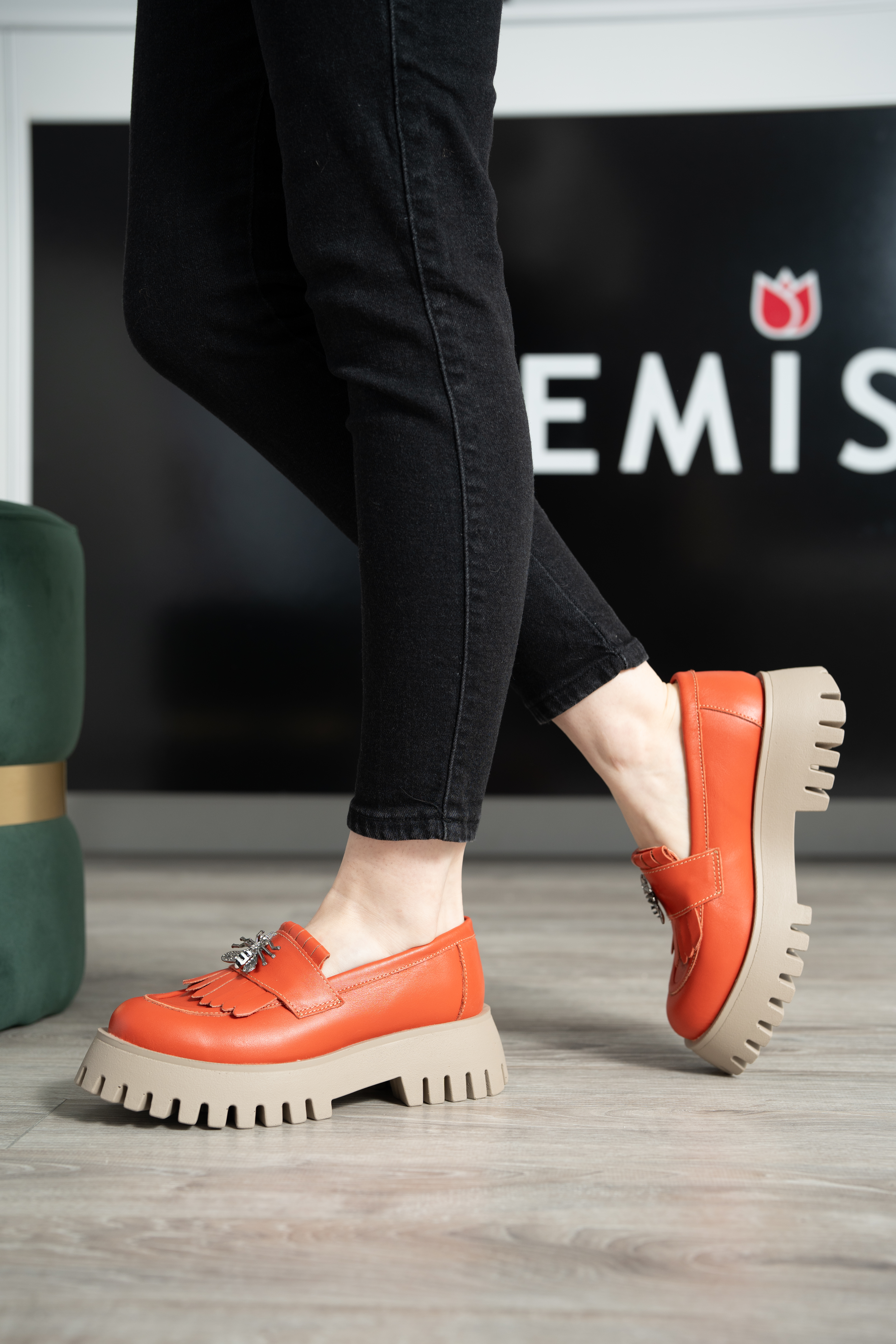 Mocasini dama, Glemis, piele naturala - Model: IB-2610, Culoare: Portocaliu, Marime: 39 (26 cm)