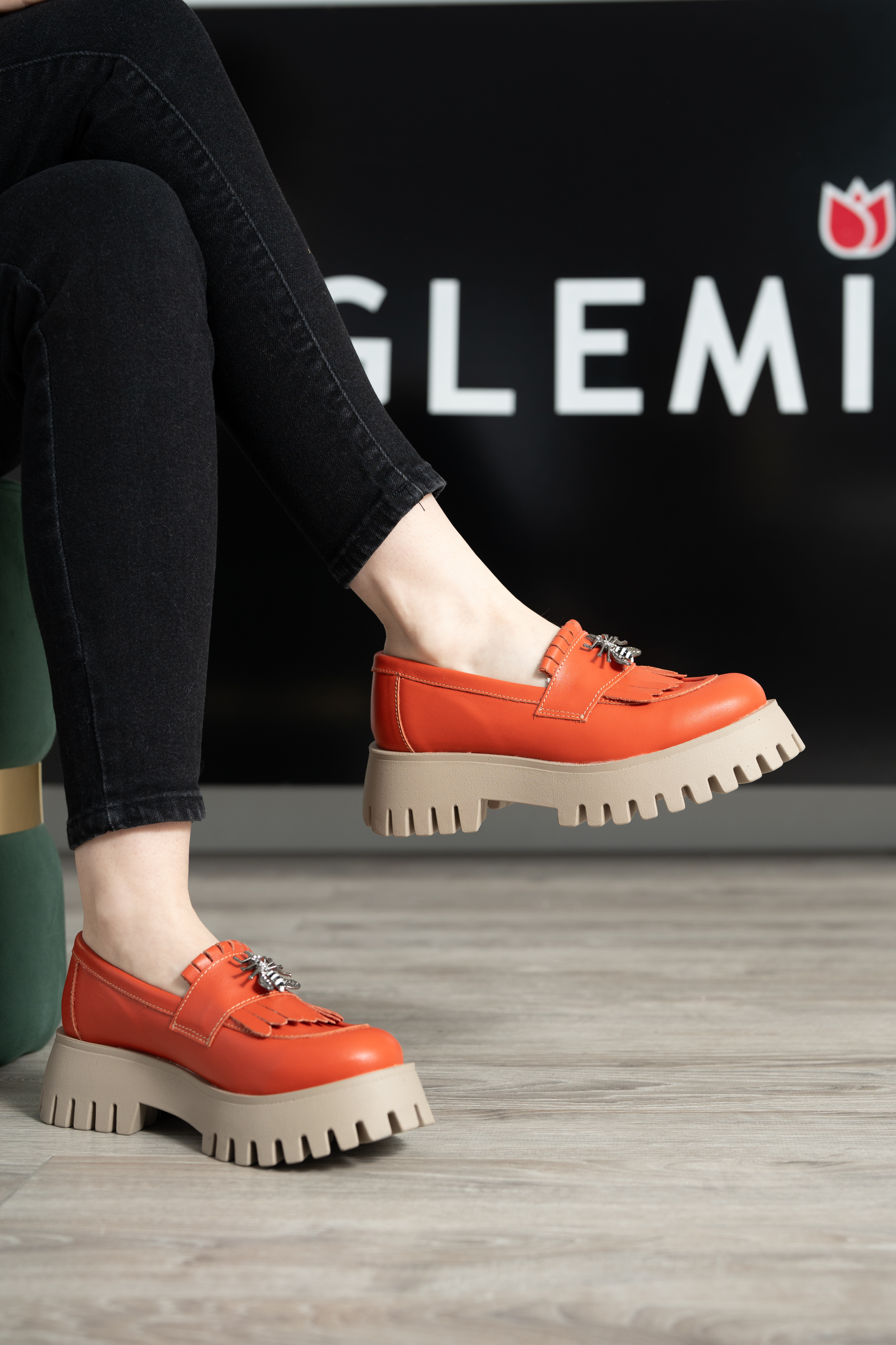 Mocasini dama, Glemis, piele naturala - Model: IB-2610, Culoare: Portocaliu, Marime: 39 (26 cm)